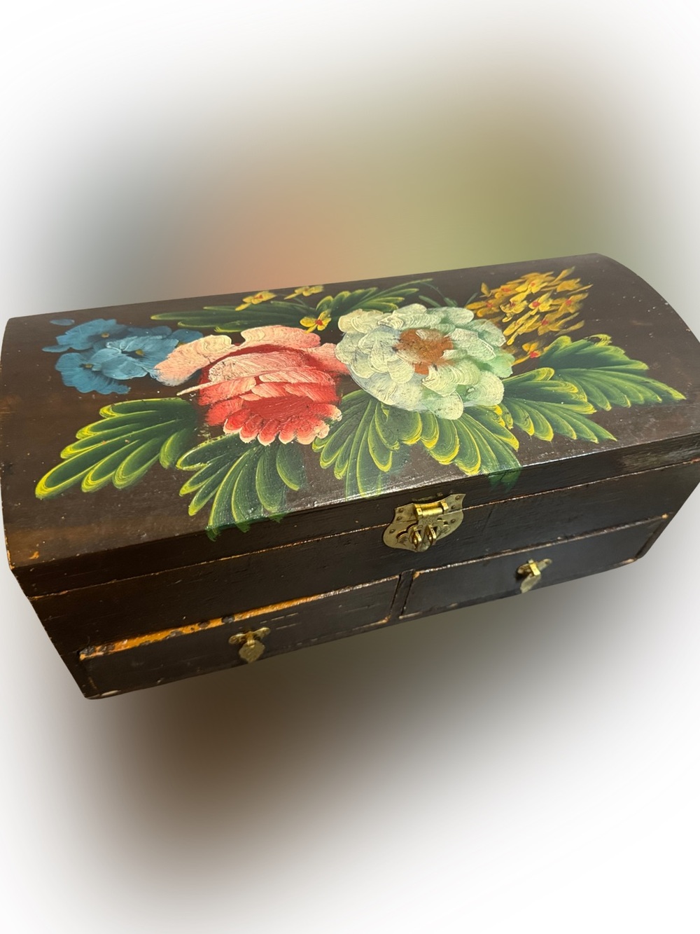Hand-Painted Floral Distressed Jewelry Box - Black and Multicolor